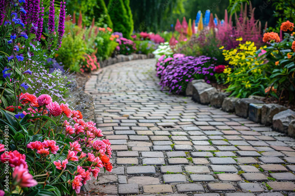 Grey brick road in garden with flowers