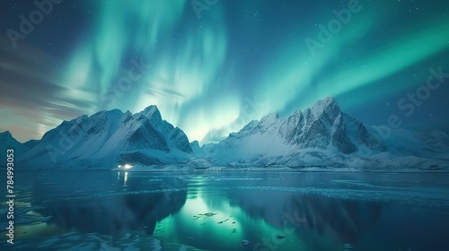 Aurora borealis on the Lofoten islands, Norway. Night sky with polar lights. Night winter landscape with aurora and reflection on the water surface. Natural background in the Norway © Jennifer