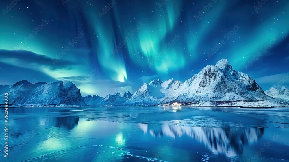 Aurora borealis on the Lofoten islands, Norway. Night sky with polar lights. Night winter landscape with aurora and reflection on the water surface. Natural background in the Norway