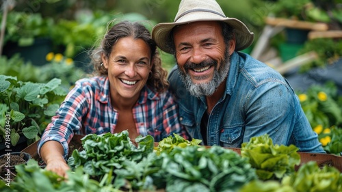 A man and a woman are posing for a picture with a basket of vegetables in front