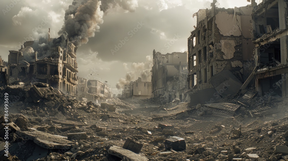 "Capturing the Aftermath: War-Damaged Urban Buildings Through the Lens of Canon Cameras" - obrazy, fototapety, plakaty 