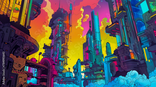 Colorful Futuristic Comic Cityscape with Vibrant Sky © Napat