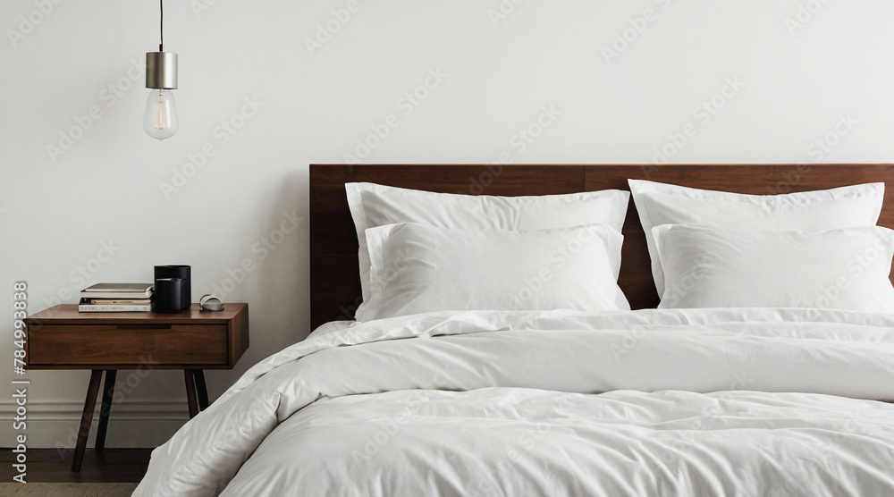 Comfortable bed with clean white bedding and soft pillows. Minimalist bedroom with white bed linen, relaxation concept Comfortable bed with clean white bedding and soft pillows. Minimalist bedroom with white bed linen, relaxation concept