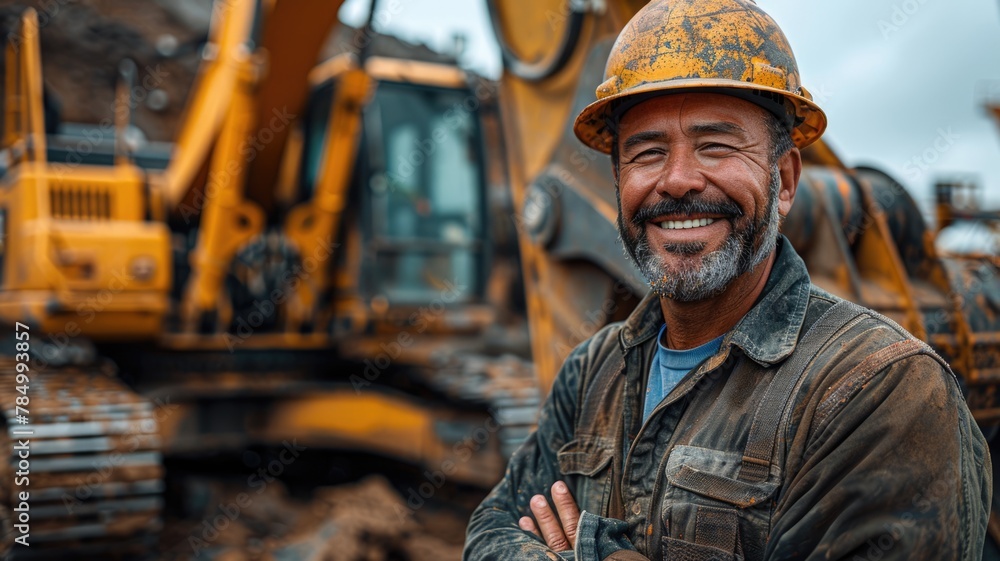 A man in a dirty work suit stands next to a large yellow construction machine A man in a dirty work suit stands next to a large yellow construction machine