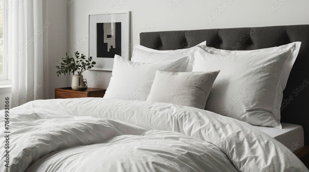 Comfortable bed with clean white bedding and soft pillows. Minimalist bedroom with white bed linen, relaxation concept Comfortable bed with clean white bedding and soft pillows. Minimalist bedroom with white bed linen, relaxation concept