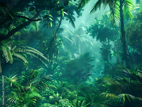 Lush Green Tropical Jungle with Sunlight Filtering Through