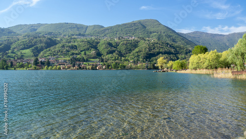 Endine lake, Bergamo, Italy. Wonderful view of the lake in summer. Touristic destination. The lake is a protected natural environment classified as a natural park