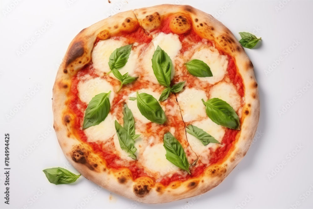 Traditional Margherita Pizza with Basil and Mozzarella on a White Surface Traditional Margherita Pizza with Basil and Mozzarella on a White Surface