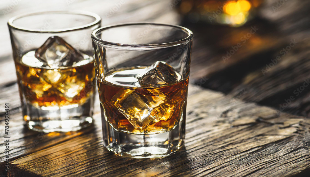 Two glasses of whiskey with ice cubes served on wooden planks. Vintage countertop with highlight and a glass of hard liquor Two glasses of whiskey with ice cubes served on wooden planks. Vintage countertop with highlight and a glass of hard liquor