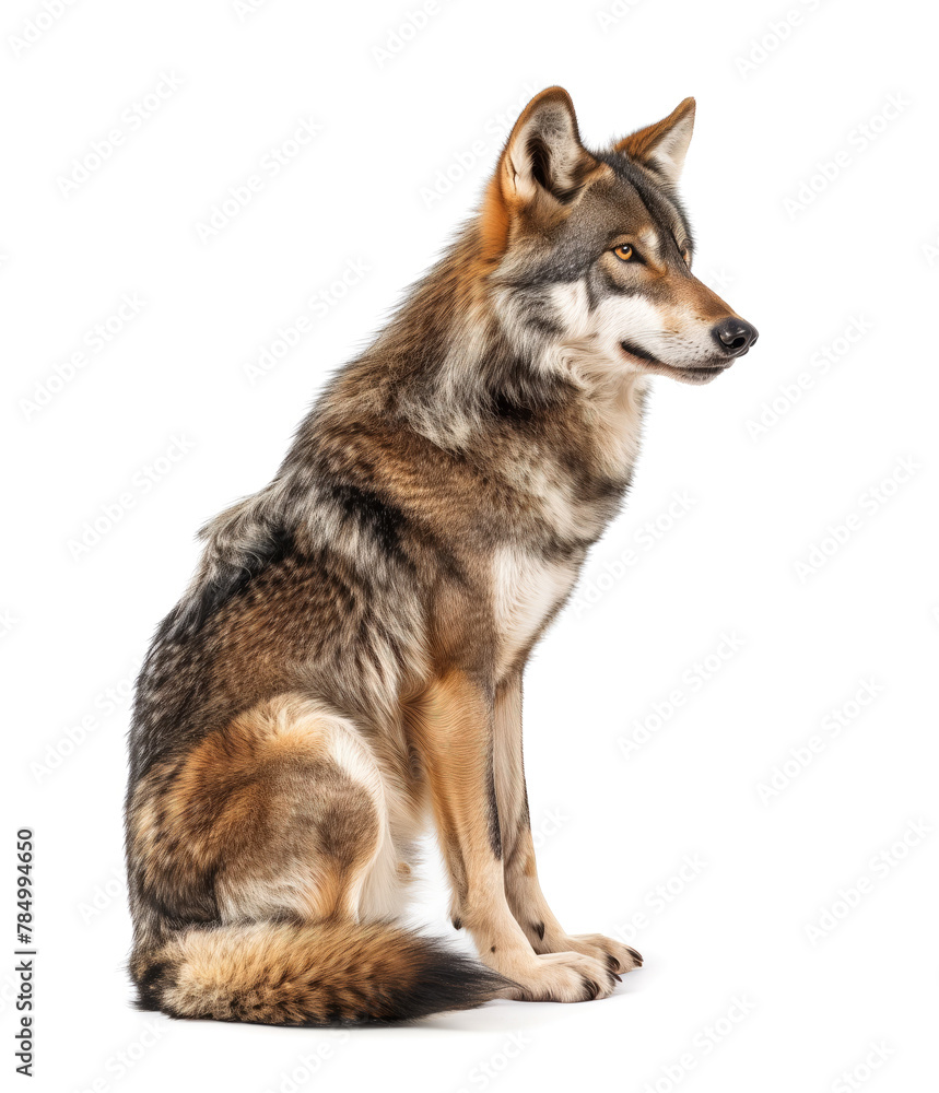 Alert Sitting Wolf on White Background