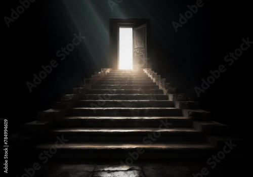 stairway leading to a small door that opened and emitted bright light photo