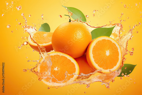 Fresh Oranges and Halves Bursting with Juice and Splash on a Sunny Background