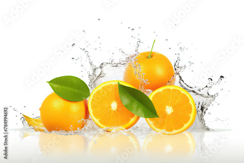 Whole and Halved Oranges Making a Splash in Water on a Reflective Surface