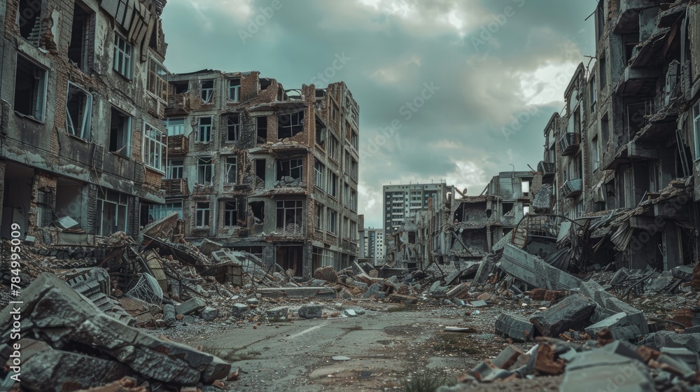 "Capturing the Aftermath: War-Damaged Urban Buildings Through the Lens of Canon Cameras" - obrazy, fototapety, plakaty 