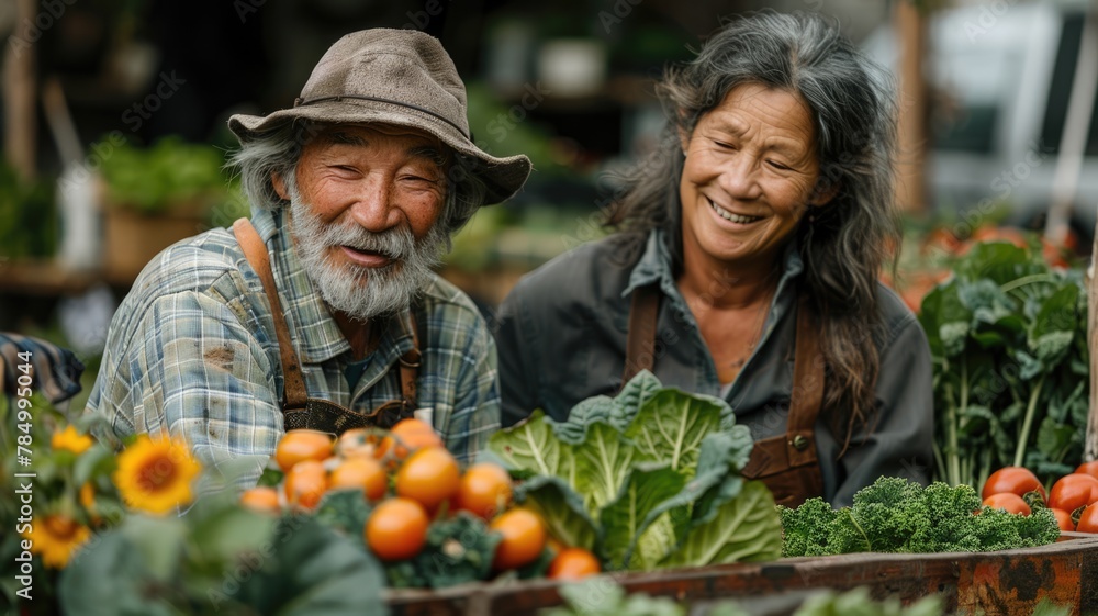 A man and a woman are posing for a picture with a basket of vegetables in front A man and a woman are posing for a picture with a basket of vegetables in front