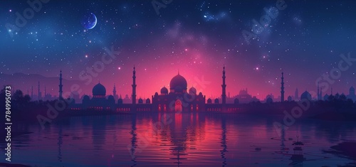 Illustration of a drawn mosque night view from the arched door. Arabic style background. A handwritten greeting card. Modern illustration of a drawn mosque night view.