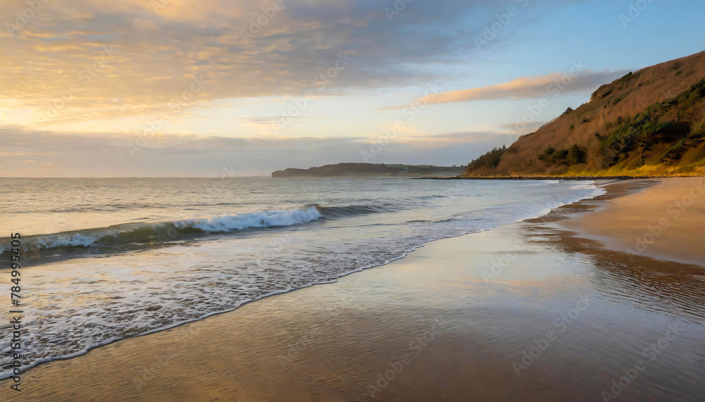 A serene beach at sunset with waves gently lapping the shore and golden sunlight reflecting on the wet sand