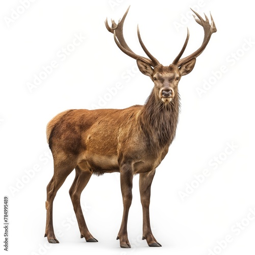 A single majestic brown stag with impressive antlers, isolated on a white background, facing the camera.