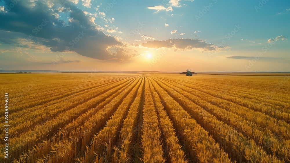 A large tractor is parked in a field of green plants A large tractor is parked in a field of green plants
