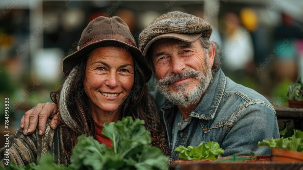 A man and a woman are posing for a picture with a basket of vegetables in front