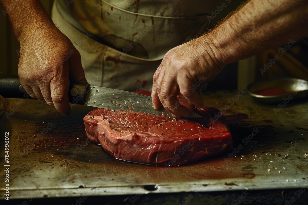 a butcher trimming a fat from a loin of steak