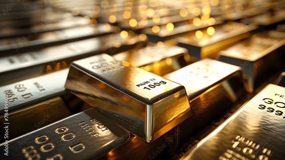 Gold bars stacked high, symbolizing the value of gold as a financial asset. Gold bars stacked high, symbolizing the value of gold as a financial asset.