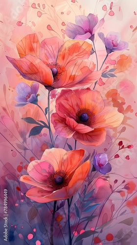 Abstract floral background with poppies. Hand-drawn illustration
