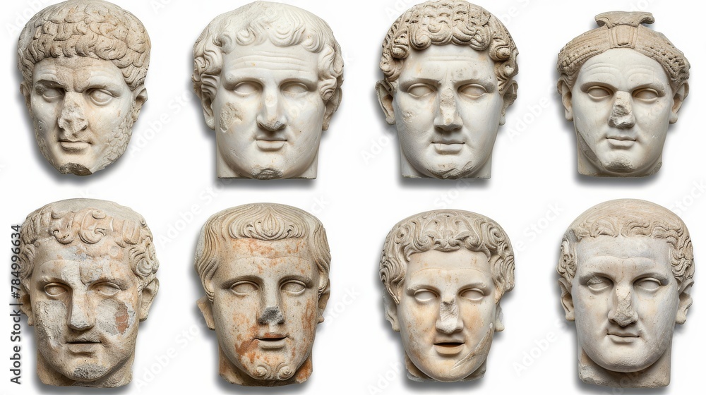 Fototapeta premium Ancient classical marble gypsum stoic, roman, greek bust, busts head sculpture against a colored background representing historical figures 