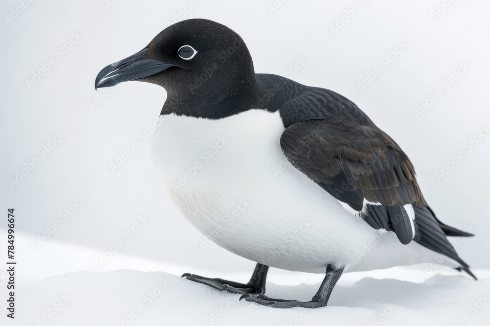 Fototapeta premium Adult Razorbill Standing on Snow, Showcasing Black and White Feathers with a Stark Contrast