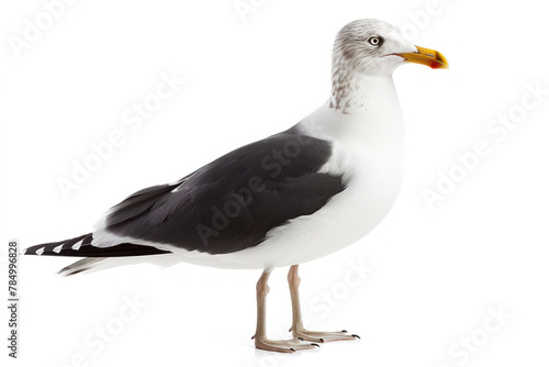 Mature Seagull in Profile View Standing Against a Pure White Background with Detailed Feathers