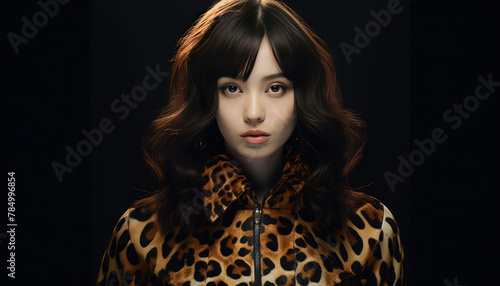 beautiful young Girl in leopard print coat over dark background