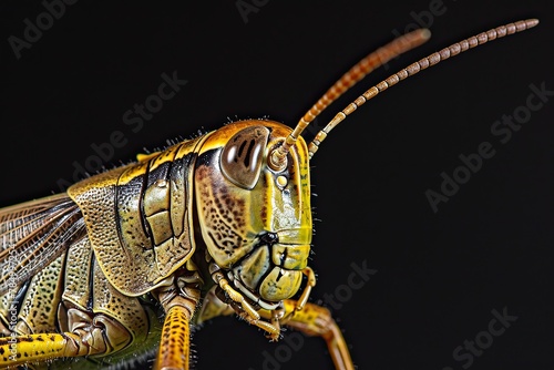 Mystic portrait of Common Field Grasshopper, beside view, full body shot, Close-up View, © Tebha Workspace