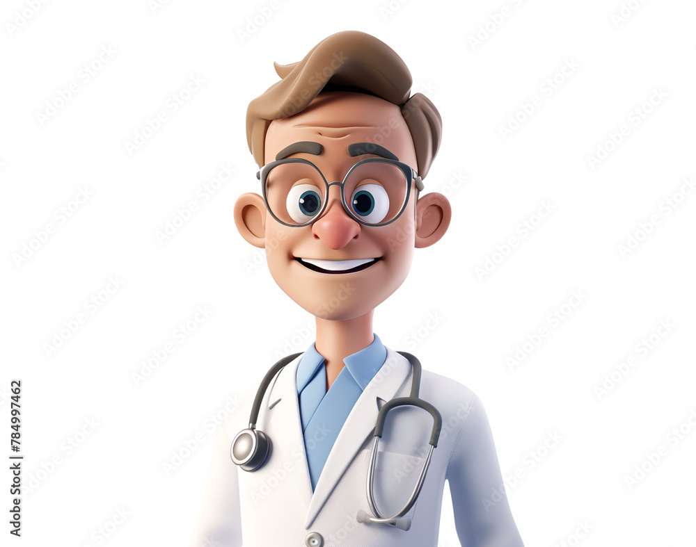 Smiling man doctor with glasses, character cartoon illustration. Medicine worker isolated on transparent, avatar