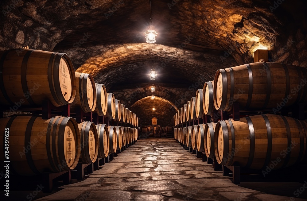 Old cellar with bottles and barrels under castle making wine