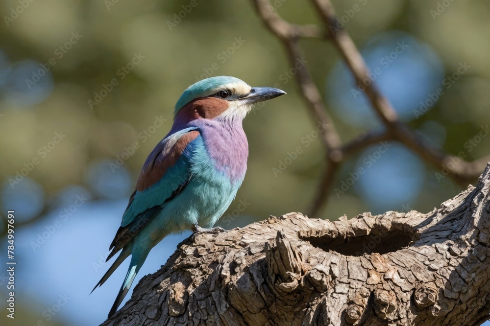 A Lilac Breasted Roller, Coracias caudatus, sits in a hole in a tree A Lilac Breasted Roller, Coracias caudatus, sits in a hole in a tree