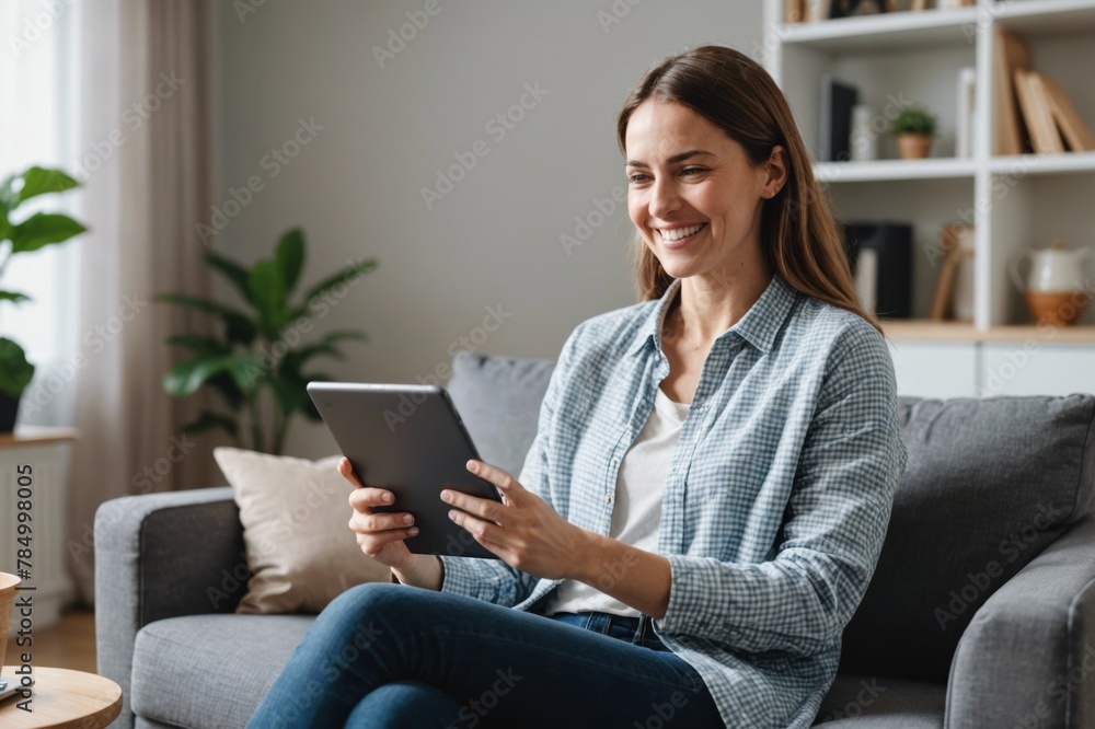 Smiling woman holding a digital tablet on chair at home Smiling woman holding a digital tablet on chair at home