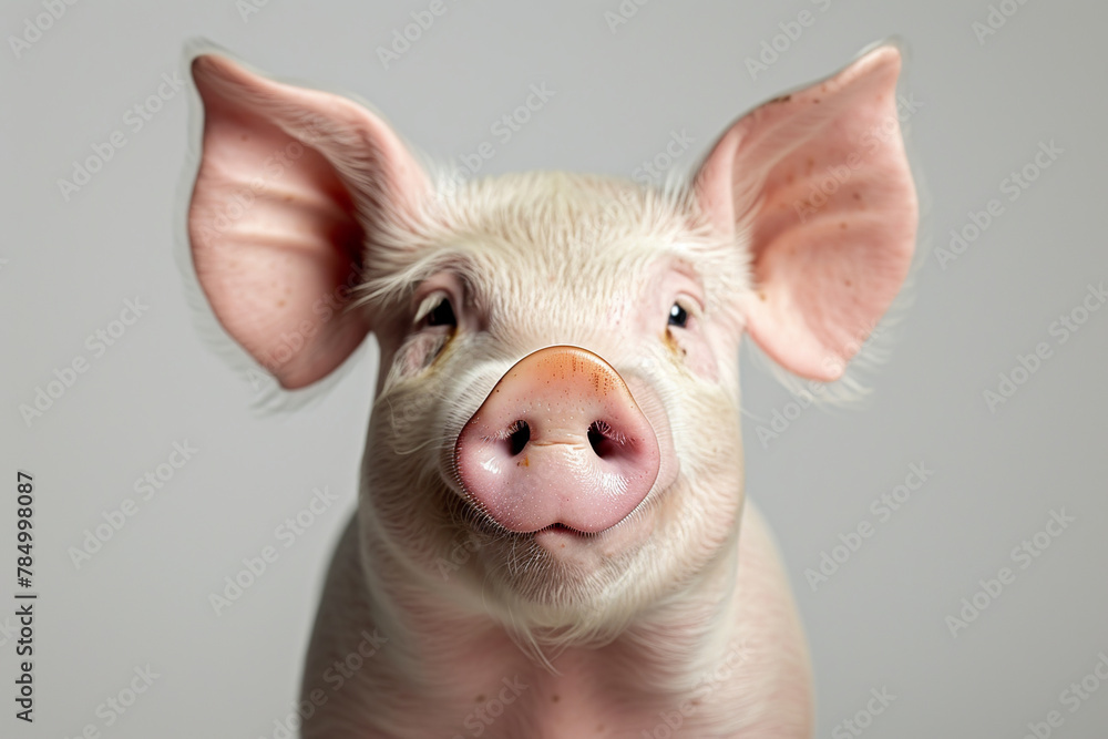Cute pig portrait on gray background. Funny farm animal Cute pig portrait on gray background. Funny farm animal