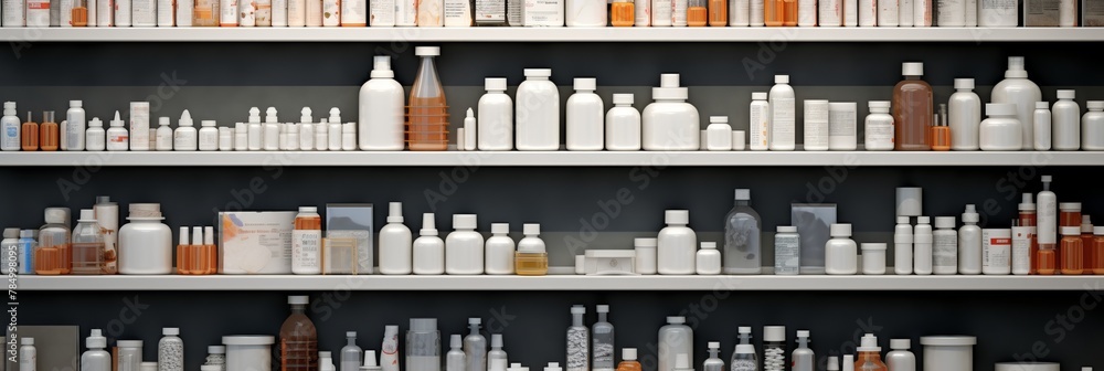 pharmacy drugstore shelves interior blurred abstract background with copy space