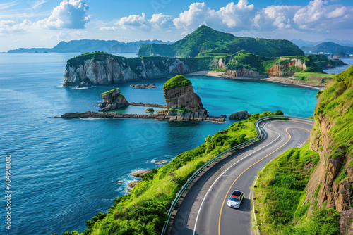 A car driving on the coastal highway, surrounded by cliffs and blue sea water, with green vegetation in spring, sunny weather, and blue sky and white clouds. 