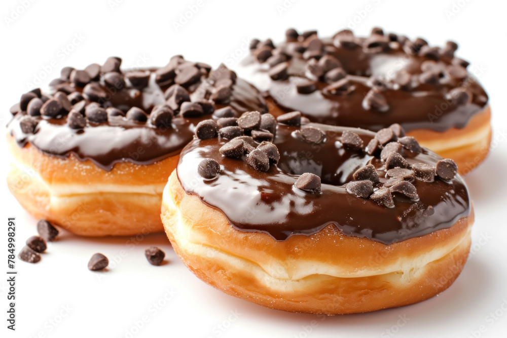 Chocolate Frosted Donuts with Chocolate Chips on a White Background Chocolate Frosted Donuts with Chocolate Chips on a White Background