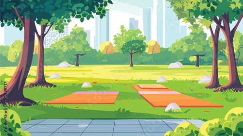 City Park with Yoga Mats on Grass Urban Garden Place