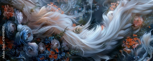 A ethereal painting of a woman made of flowers lying in a field of flowers.