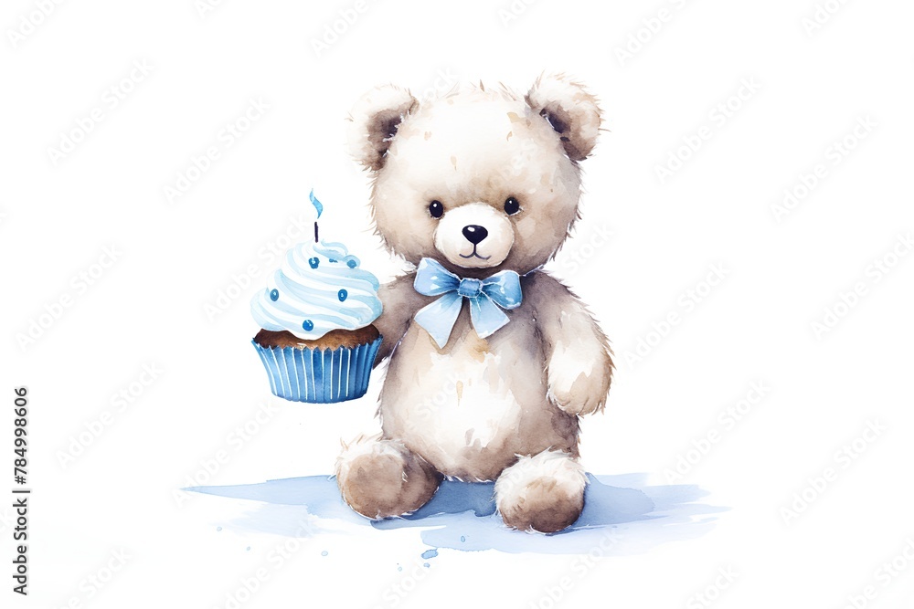 Cute teddy bear with birthday cupcake. Watercolor illustration. Cute teddy bear with birthday cupcake. Watercolor illustration.