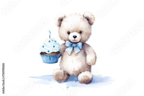 Cute teddy bear with birthday cupcake. Watercolor illustration.