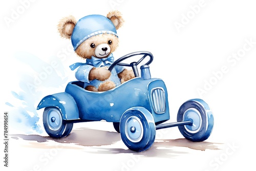 Watercolor illustration of a cute teddy bear in a blue car