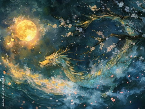 A golden dragon soars through a moonlit sky, surrounded by cherry blossoms.