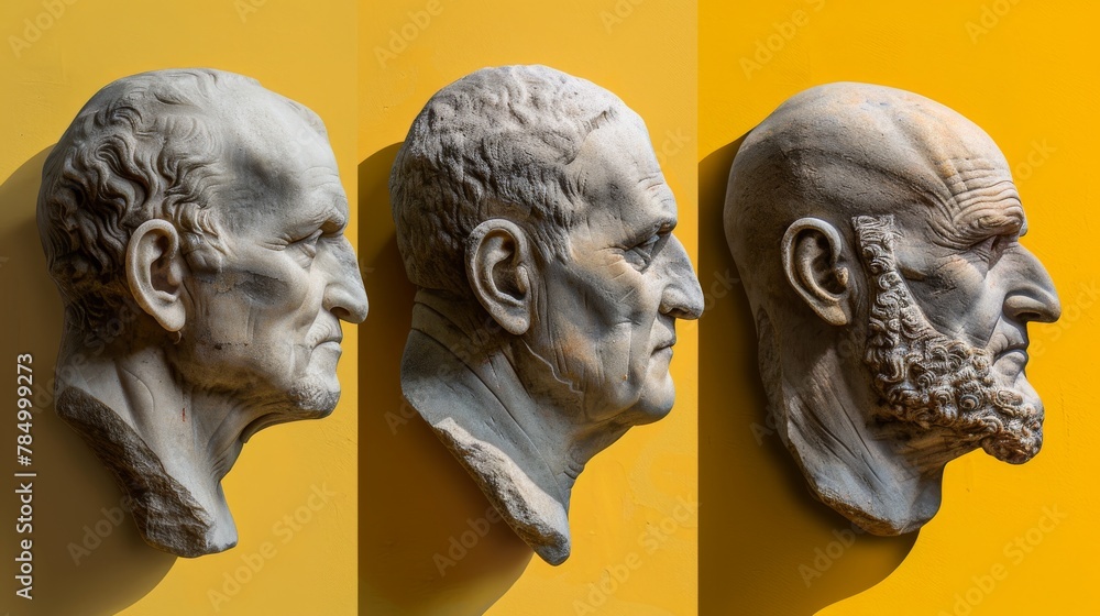 Obraz premium Ancient classical marble gypsum stoic, roman, greek bust, busts head sculpture against a colored background representing historical figures 
