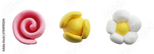 Plasticine sculpting yellow ball, chamomile flower and pink curl, vector 3D dough texture blossom set sculpting creation