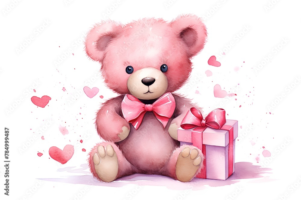 Obraz premium Cute cartoon teddy bear with gift box. Watercolor illustration.