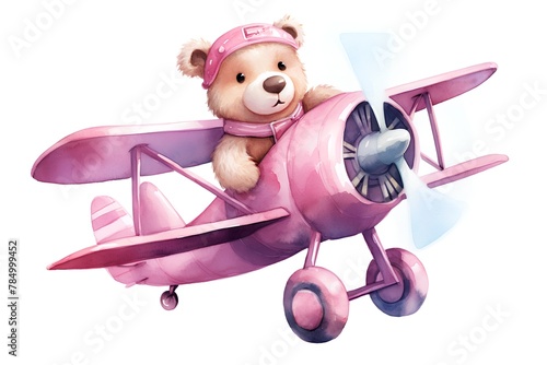 Watercolor illustration of a cute teddy bear with a pink propeller plane.